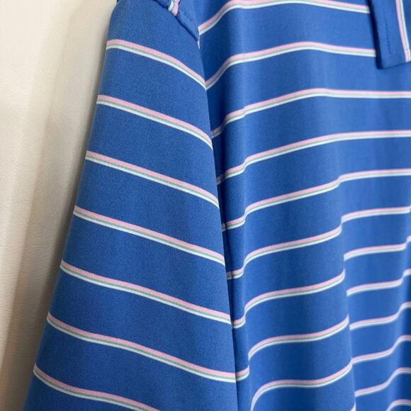 F & G Tech Size Large Mens Blue Pink White Striped Golf Polo Shirt Performance - Picture 5 of 9